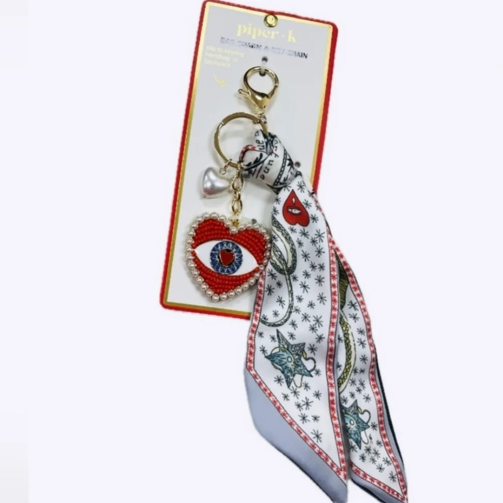 ❤️🔹️Piper K🔹️ UK 🇬🇧 Bag Charm Key Chain Red Evil Eye Heart Pearl Scarf